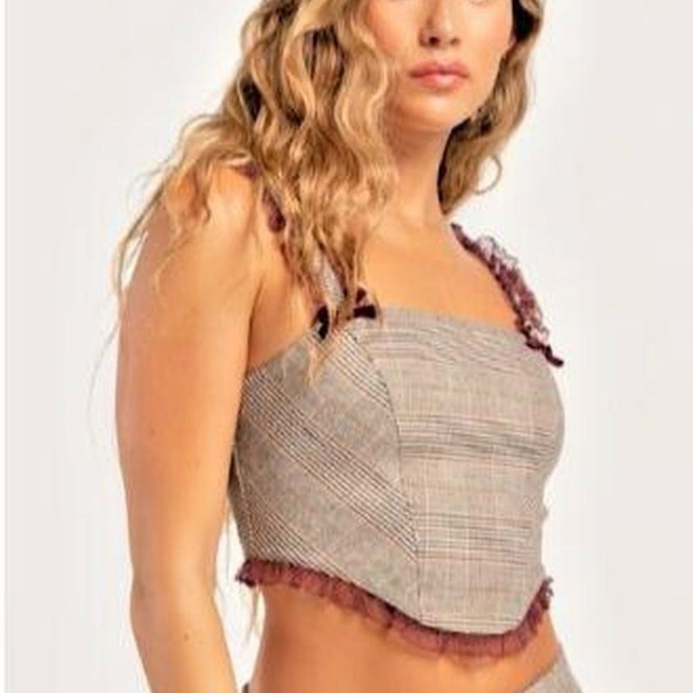Tilly's Brown Plaid Crop Top with Ruffle Detail Sz XS